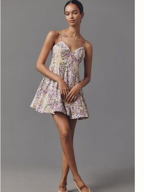 Anthropologie Floral Mini Dress in Cream, Pink & Green